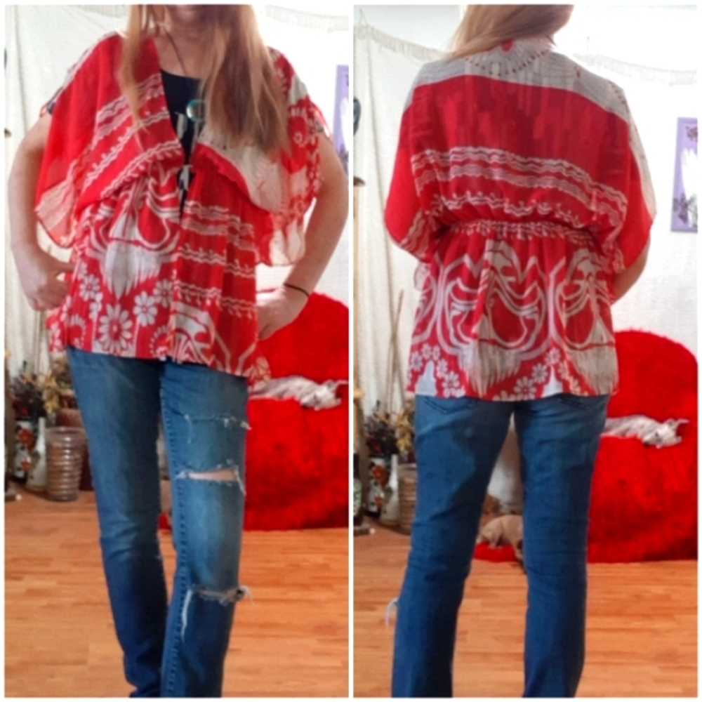 Sheer Top Shirt Hawaiian print B26 lightweight shortsleeve tropical FOREVER